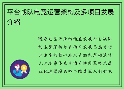 平台战队电竞运营架构及多项目发展介绍