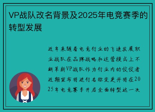 VP战队改名背景及2025年电竞赛季的转型发展