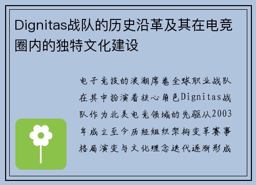 Dignitas战队的历史沿革及其在电竞圈内的独特文化建设